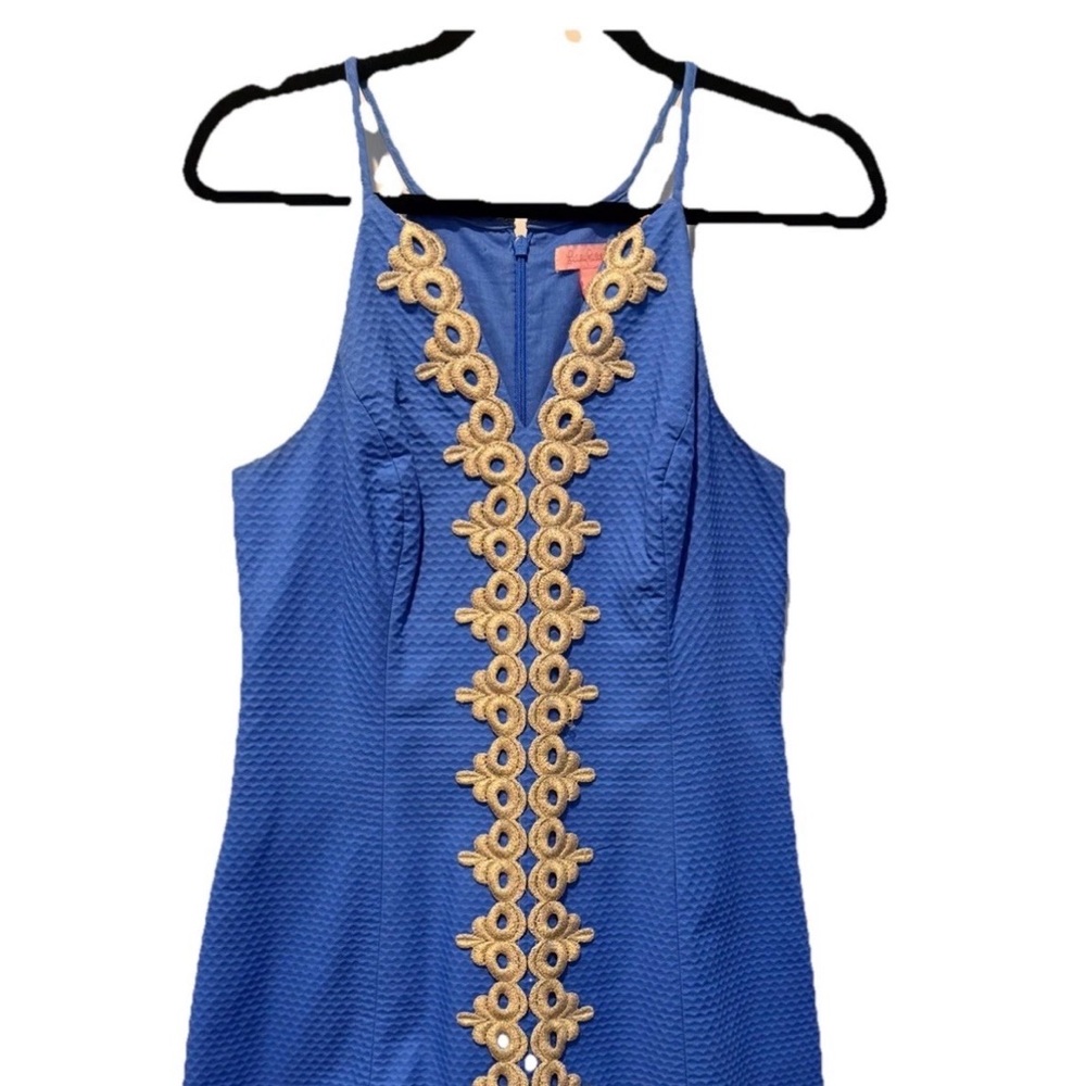 Blue Sleeveless Dress with Gold Trim